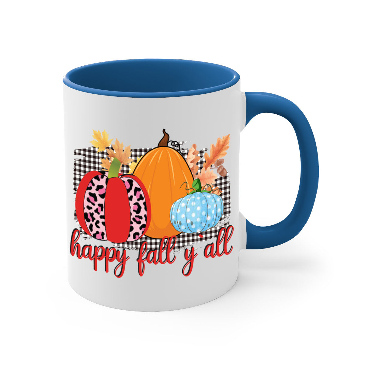 Happy Fall Yall Leopard Mug featuring a stylish leopard print design with a colored handle and glossy finish, available in multiple colors.