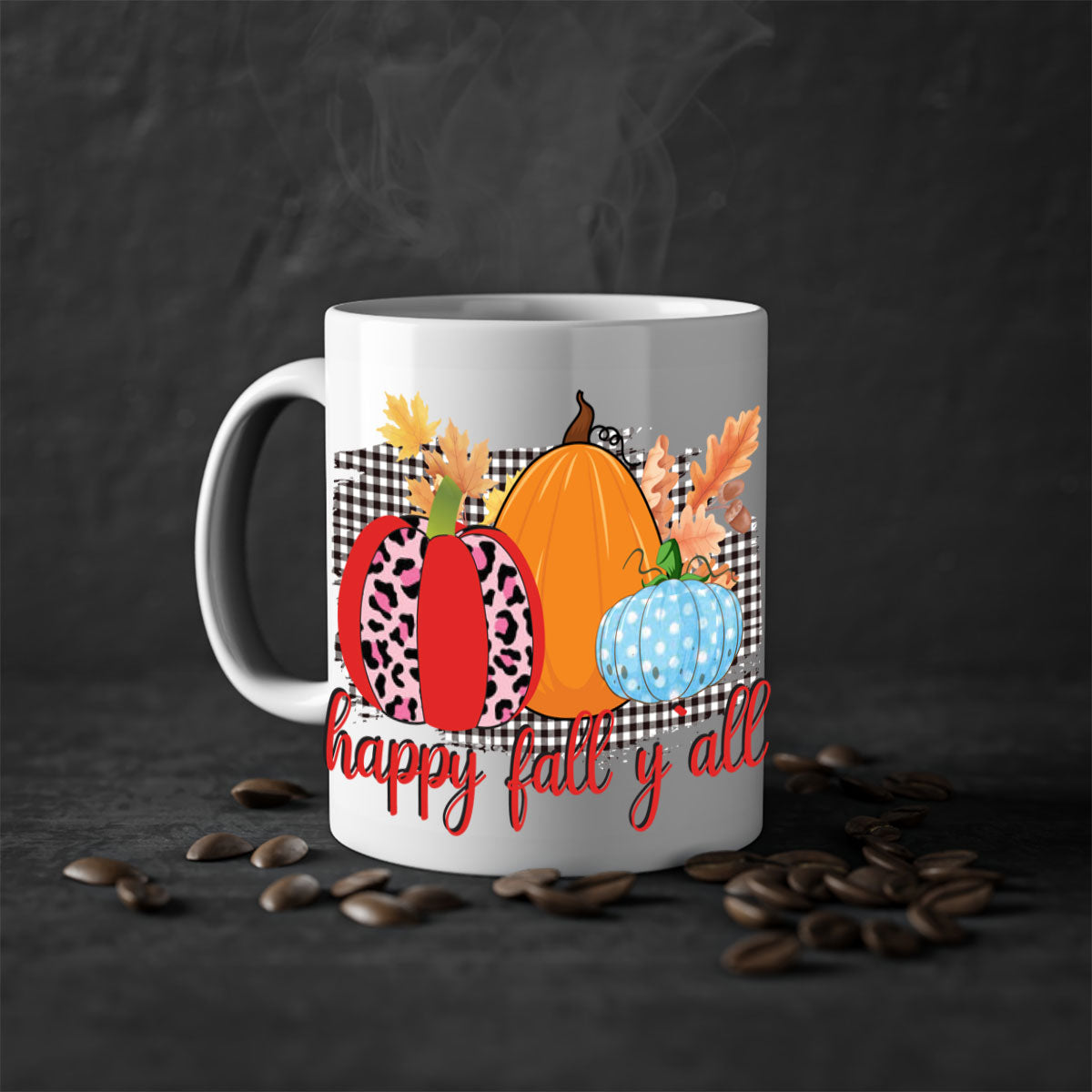 Happy Fall Yall Leopard Mug featuring a stylish leopard print design with a colored handle and glossy finish, available in multiple colors.