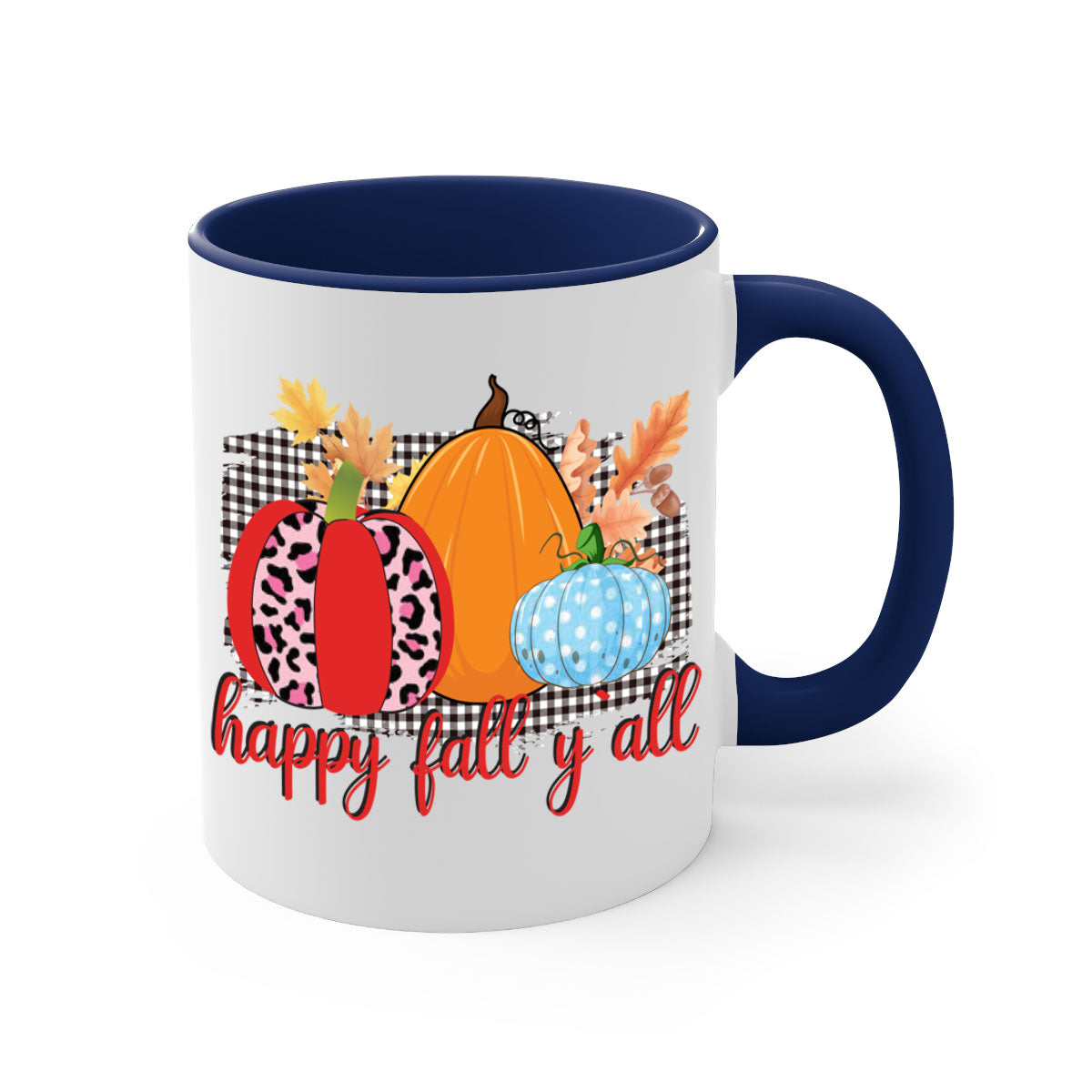 Happy Fall Yall Leopard Mug featuring a stylish leopard print design with a colored handle and glossy finish, available in multiple colors.