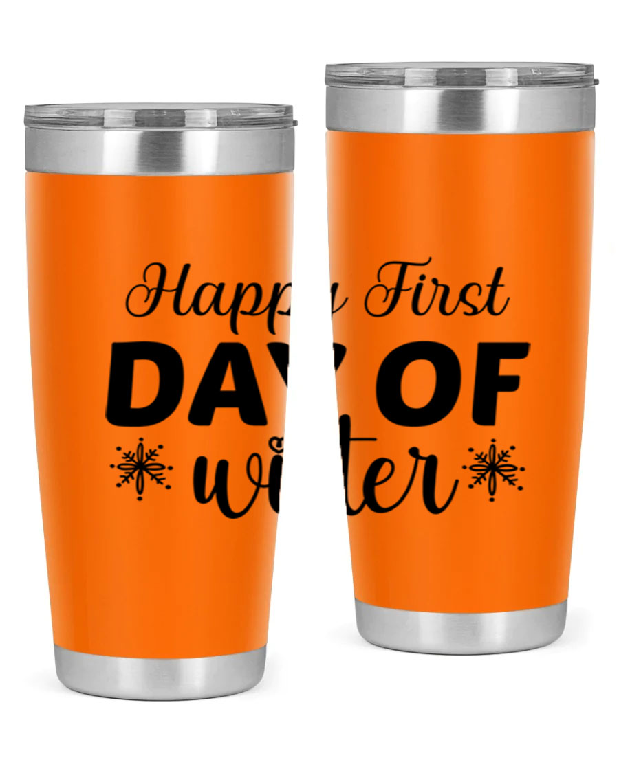 Happy First Day of Winter 20oz tumbler made of stainless steel with a winter-themed design, featuring a drink-thru lid.