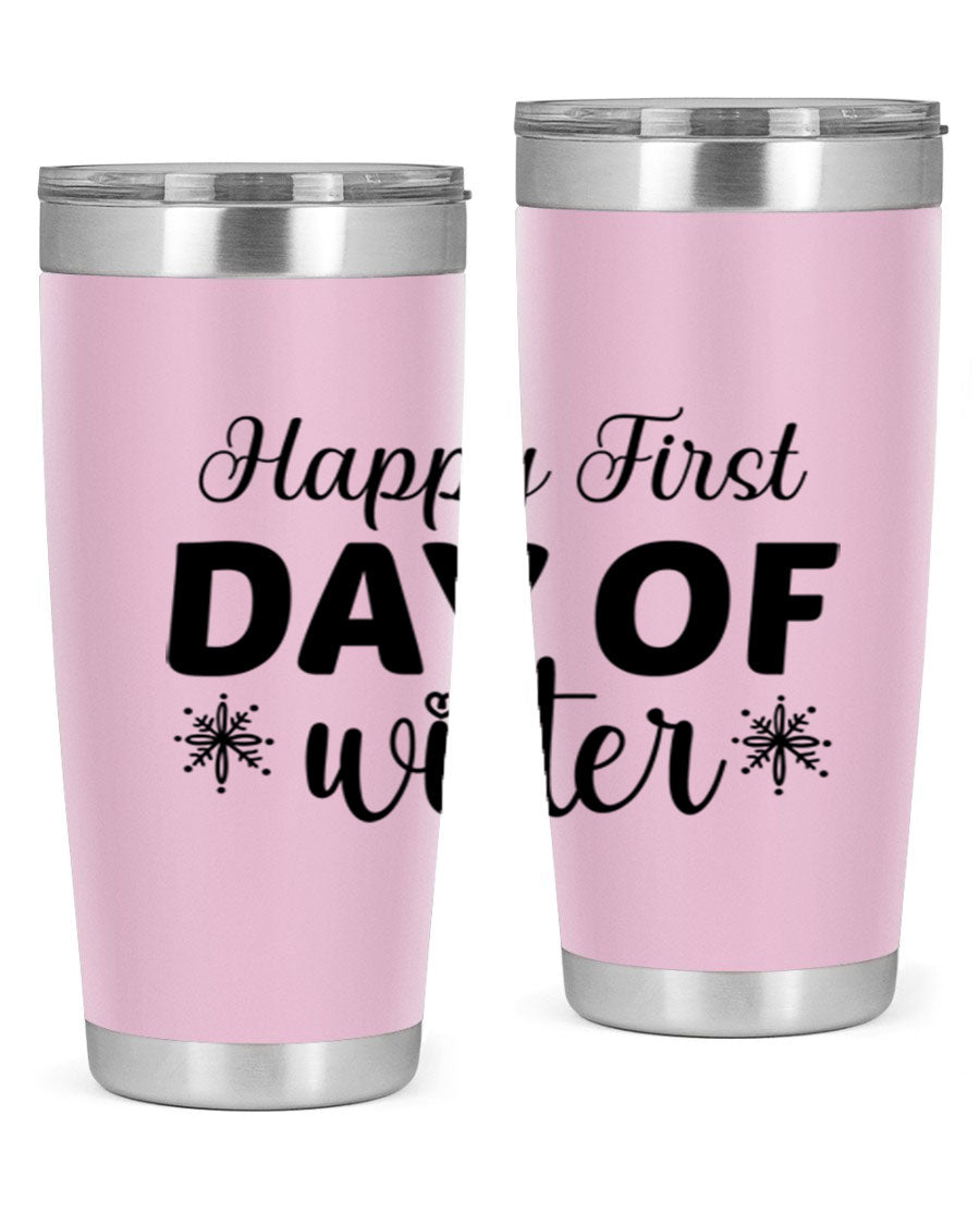 Happy First Day of Winter 20oz tumbler made of stainless steel with a winter-themed design, featuring a drink-thru lid.