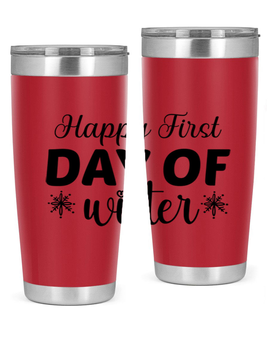 Happy First Day of Winter 20oz tumbler made of stainless steel with a winter-themed design, featuring a drink-thru lid.