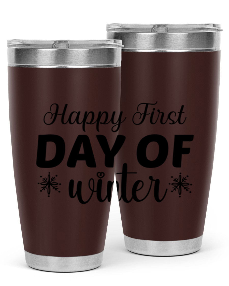Happy First Day of Winter 20oz tumbler made of stainless steel with a winter-themed design, featuring a drink-thru lid.
