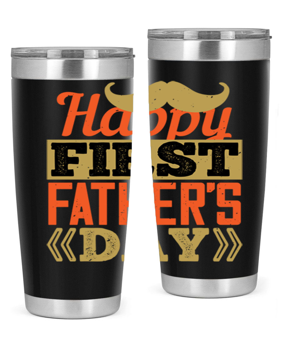 Happy First Father's Day tumbler in 20oz and 30oz sizes, featuring double wall vacuum stainless steel with a copper lining and a drink-thru lid.