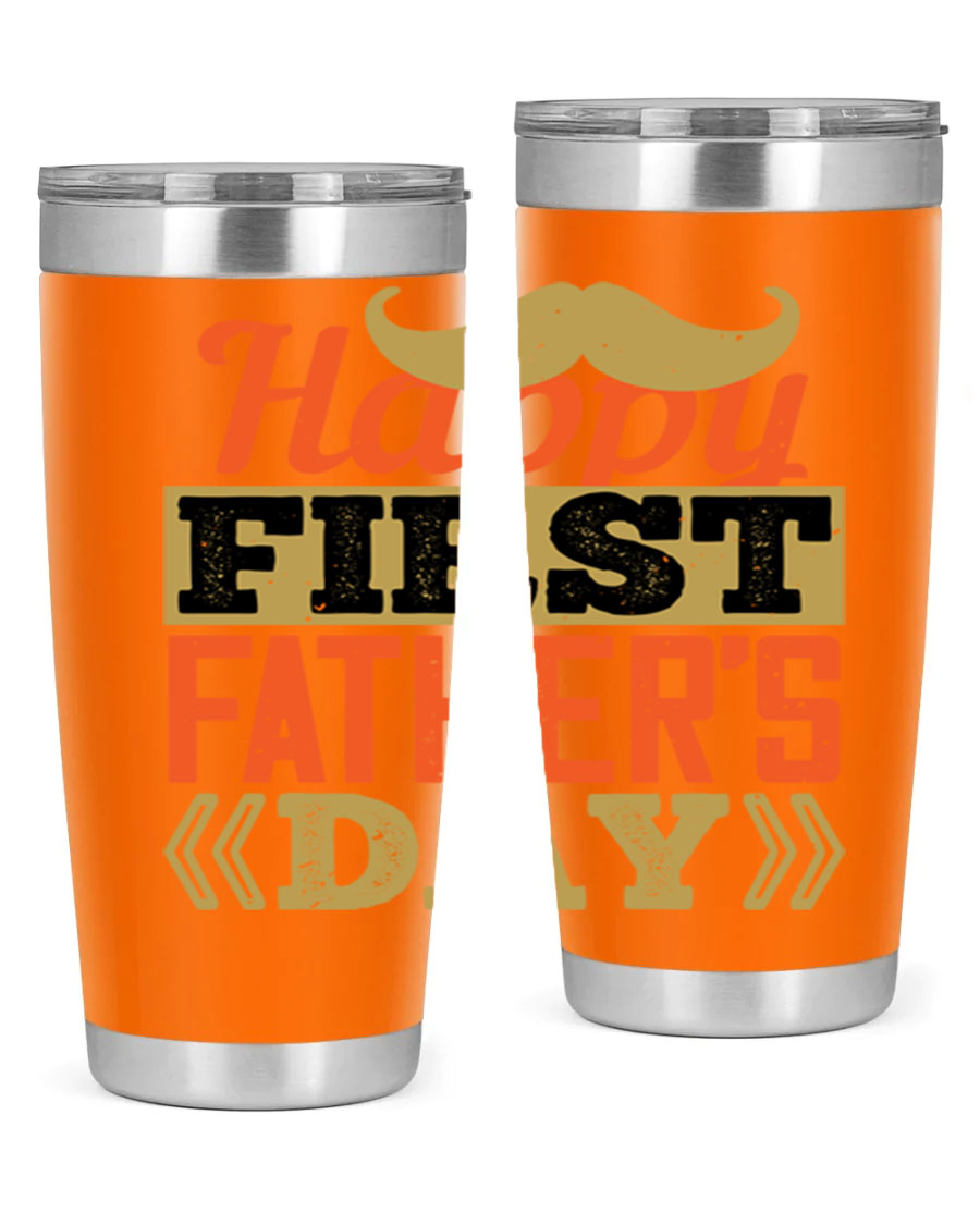 Happy First Father's Day tumbler in 20oz and 30oz sizes, featuring double wall vacuum stainless steel with a copper lining and a drink-thru lid.