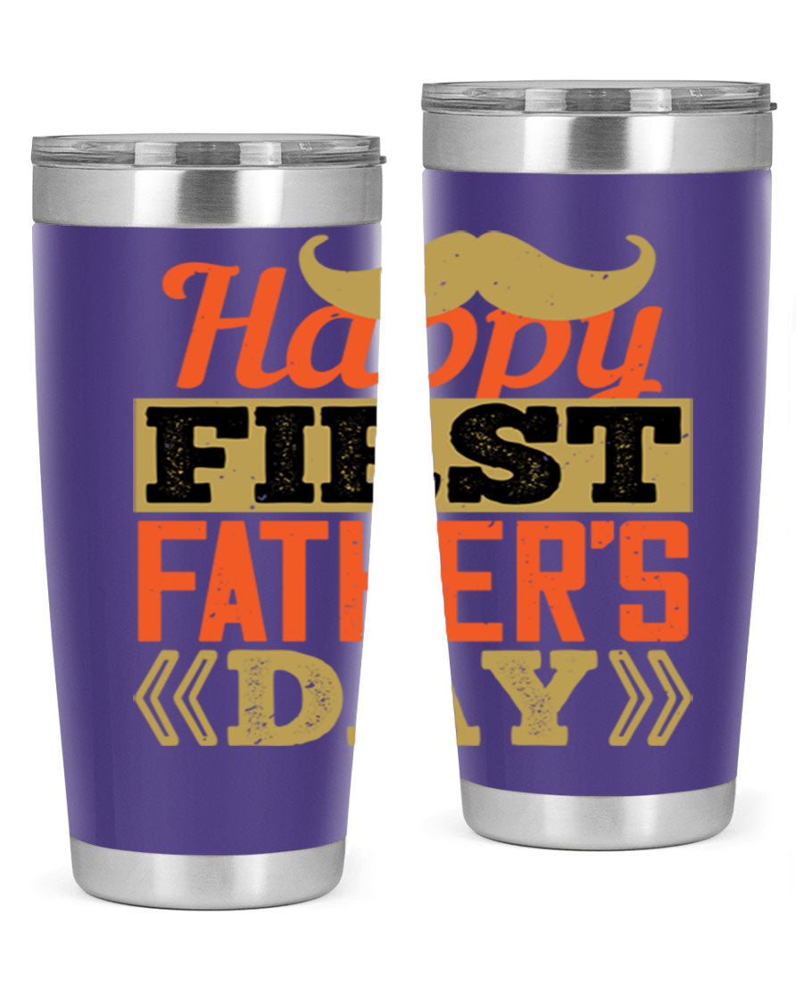 Happy First Father's Day tumbler in 20oz and 30oz sizes, featuring double wall vacuum stainless steel with a copper lining and a drink-thru lid.