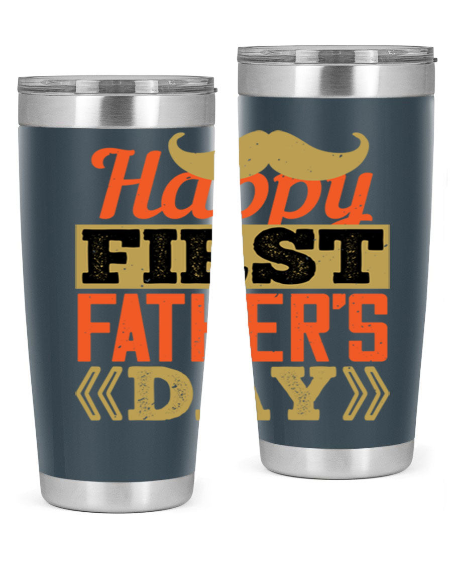 Happy First Father's Day tumbler in 20oz and 30oz sizes, featuring double wall vacuum stainless steel with a copper lining and a drink-thru lid.