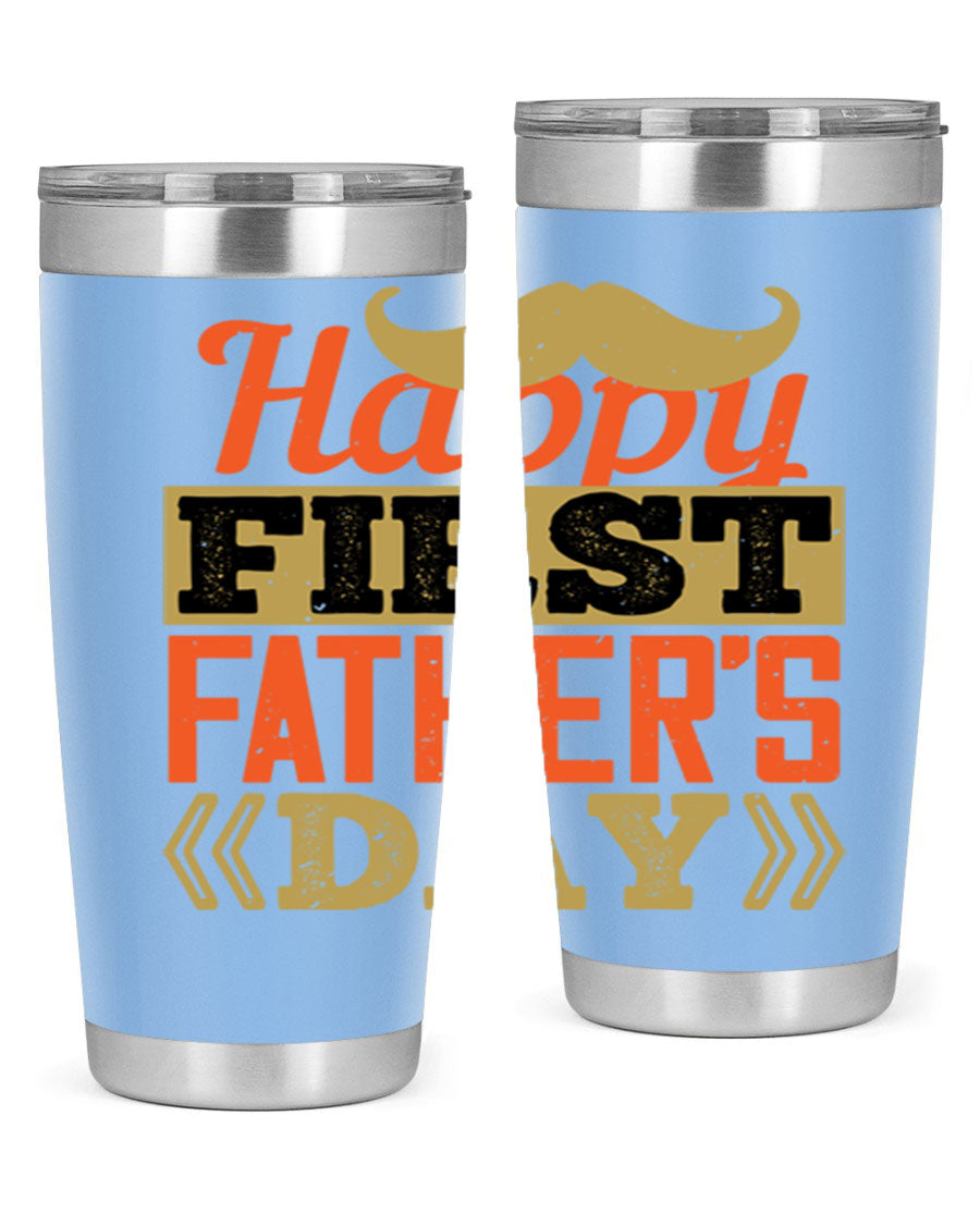 Happy First Father's Day tumbler in 20oz and 30oz sizes, featuring double wall vacuum stainless steel with a copper lining and a drink-thru lid.
