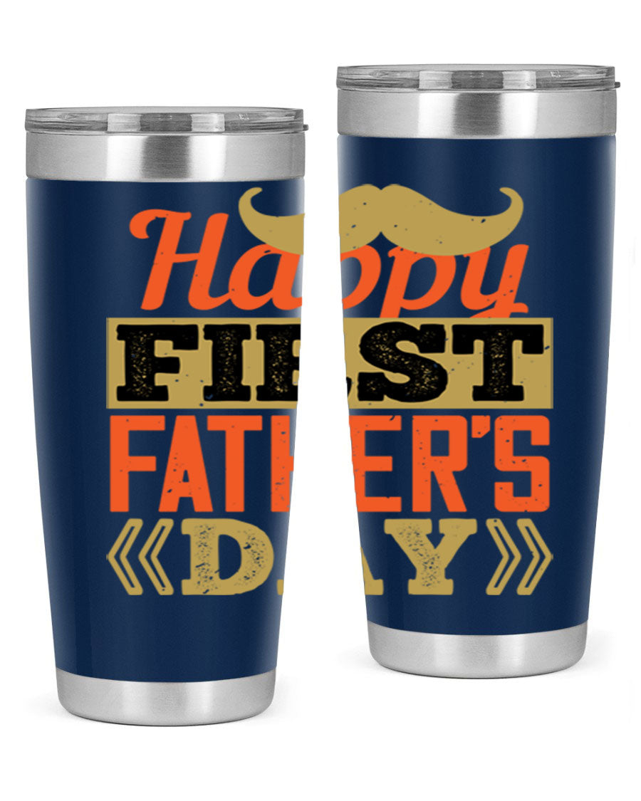 Happy First Father's Day tumbler in 20oz and 30oz sizes, featuring double wall vacuum stainless steel with a copper lining and a drink-thru lid.