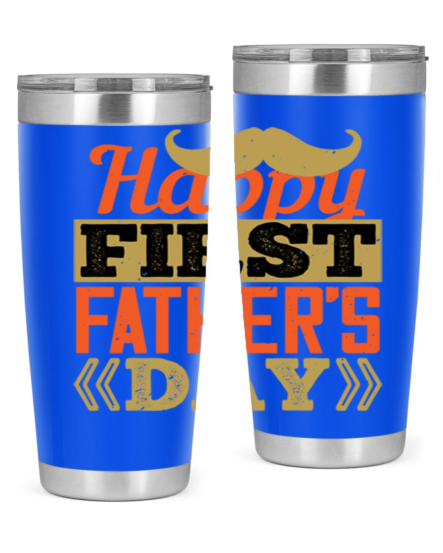 Happy First Father's Day tumbler in 20oz and 30oz sizes, featuring double wall vacuum stainless steel with a copper lining and a drink-thru lid.