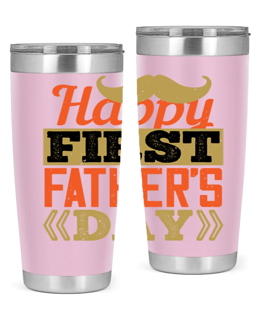 Happy First Father's Day tumbler in 20oz and 30oz sizes, featuring double wall vacuum stainless steel with a copper lining and a drink-thru lid.