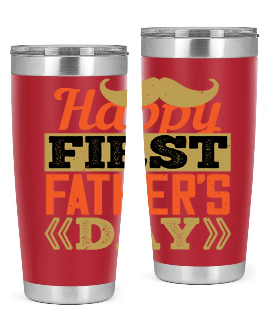 Happy First Father's Day tumbler in 20oz and 30oz sizes, featuring double wall vacuum stainless steel with a copper lining and a drink-thru lid.