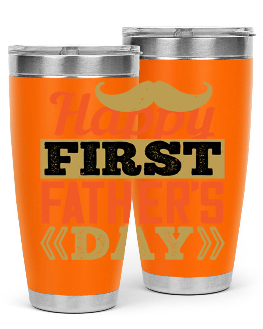 Happy First Father's Day tumbler in 20oz and 30oz sizes, featuring double wall vacuum stainless steel with a copper lining and a drink-thru lid.