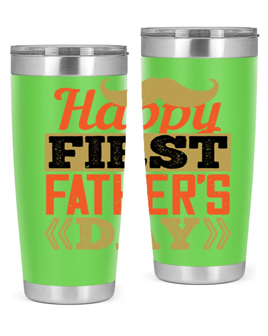 Happy First Father's Day tumbler in 20oz and 30oz sizes, featuring double wall vacuum stainless steel with a copper lining and a drink-thru lid.