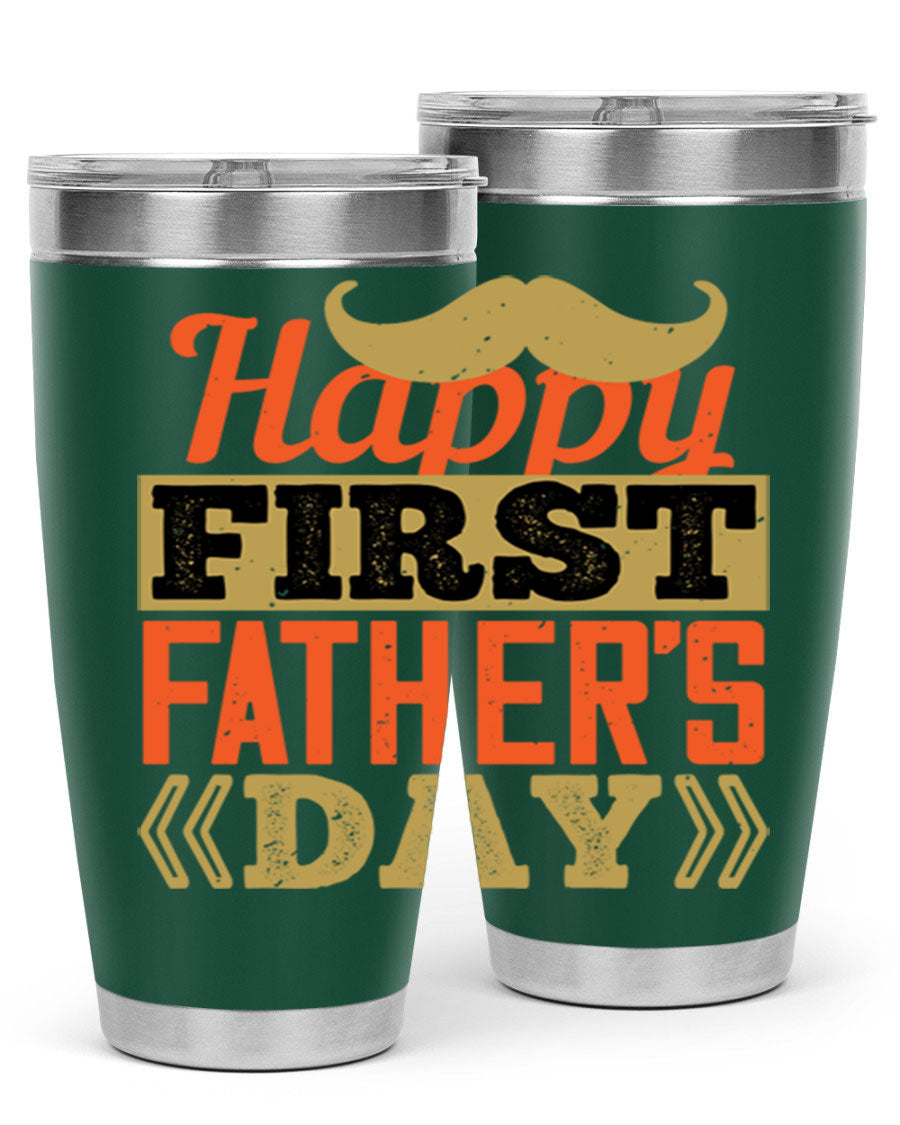 Happy First Father's Day tumbler in 20oz and 30oz sizes, featuring double wall vacuum stainless steel with a copper lining and a drink-thru lid.