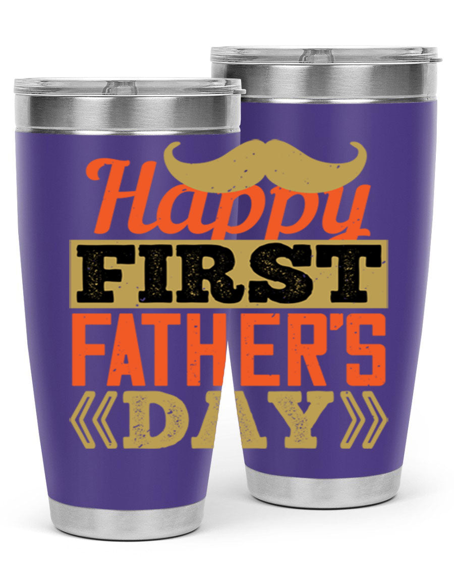 Happy First Father's Day tumbler in 20oz and 30oz sizes, featuring double wall vacuum stainless steel with a copper lining and a drink-thru lid.