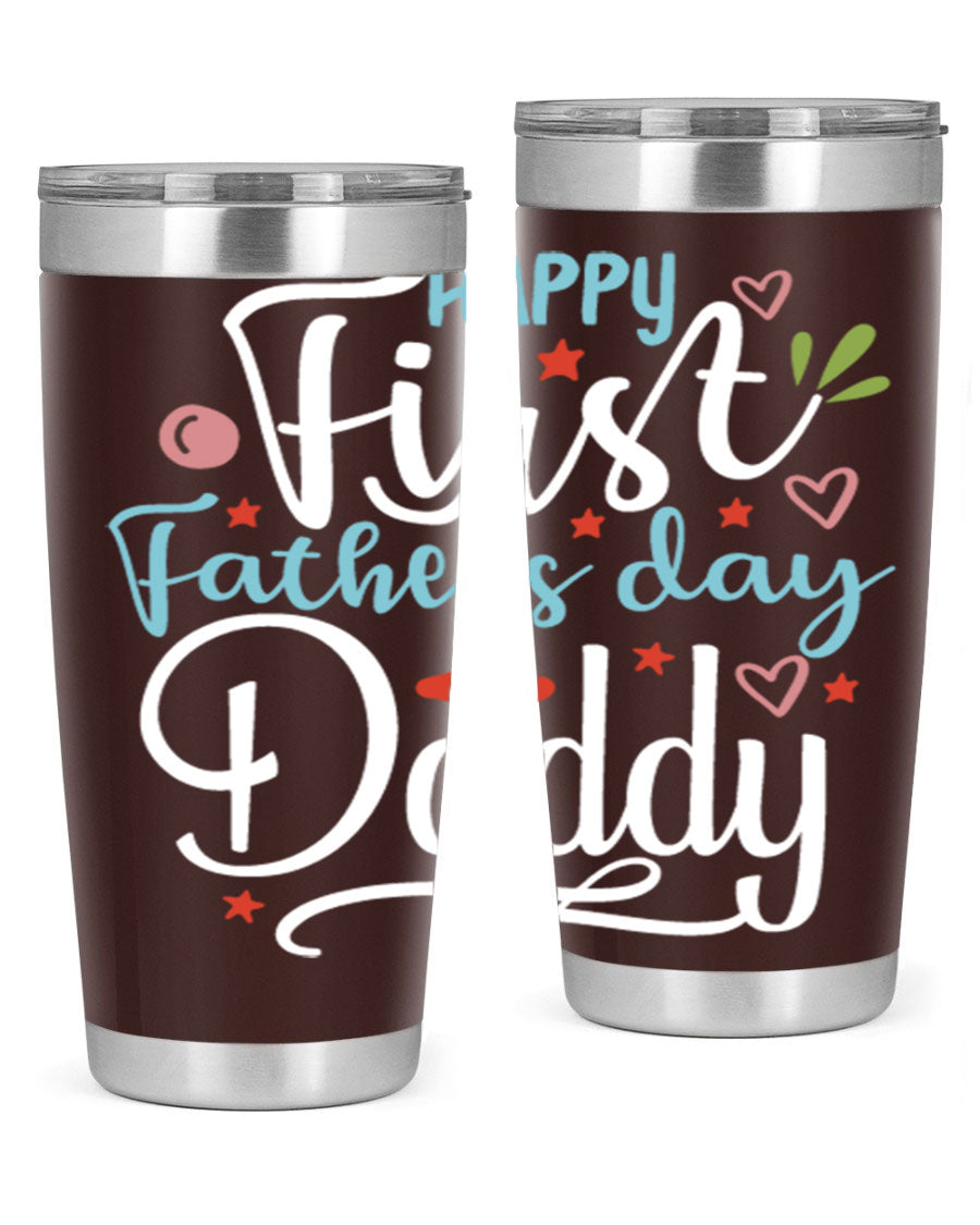Happy First Father's Day Daddy tumbler in stainless steel, showcasing its double wall vacuum design and vibrant print.