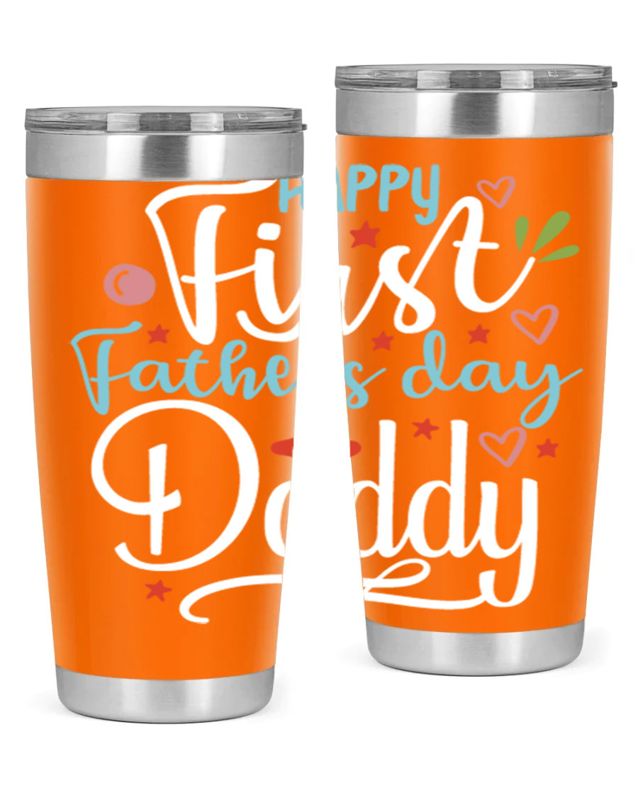 Happy First Father's Day Daddy tumbler in stainless steel, showcasing its double wall vacuum design and vibrant print.
