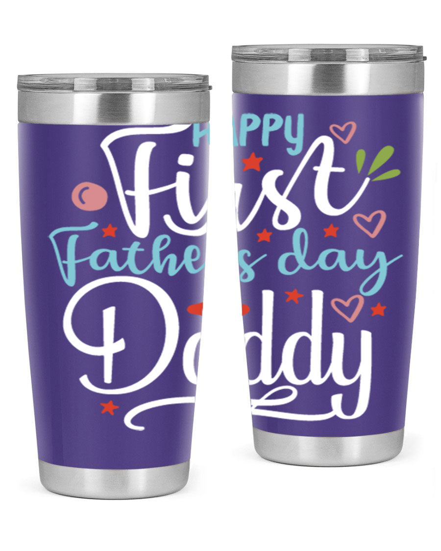 Happy First Father's Day Daddy tumbler in stainless steel, showcasing its double wall vacuum design and vibrant print.