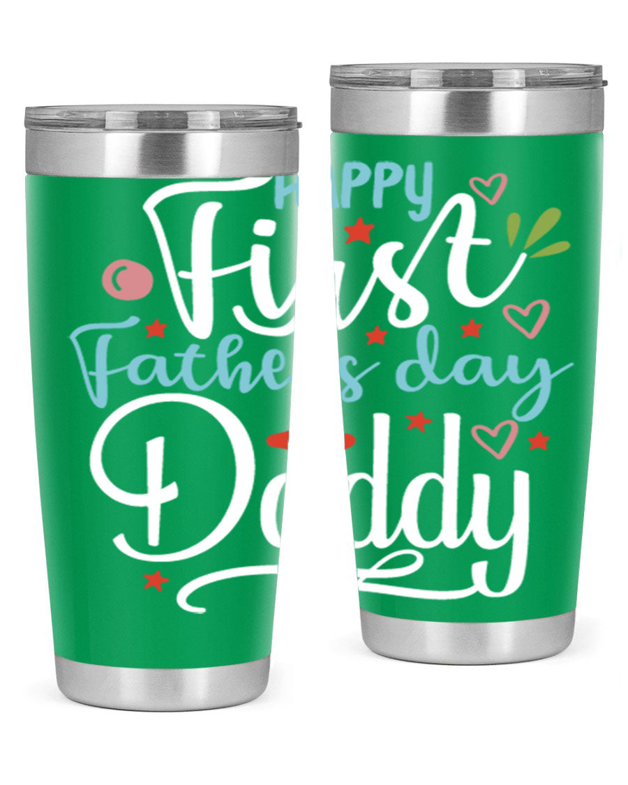 Happy First Father's Day Daddy tumbler in stainless steel, showcasing its double wall vacuum design and vibrant print.