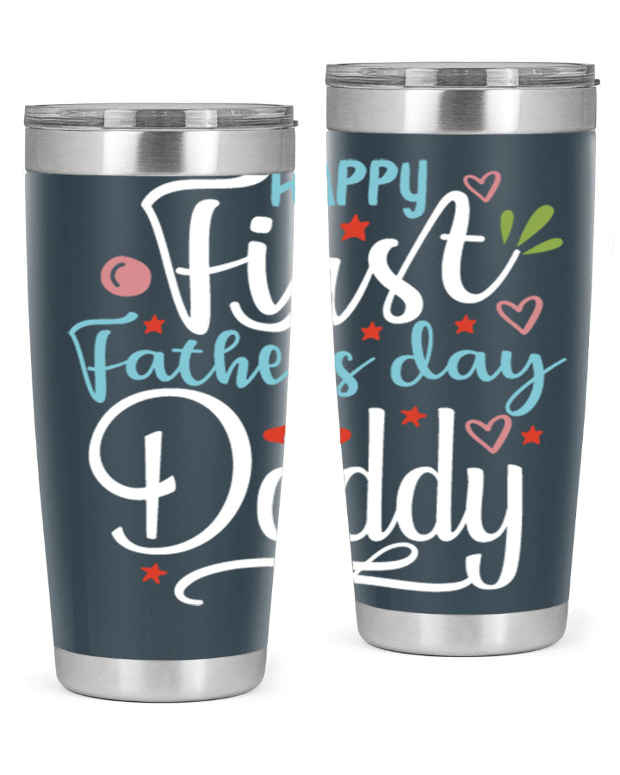 Happy First Father's Day Daddy tumbler in stainless steel, showcasing its double wall vacuum design and vibrant print.