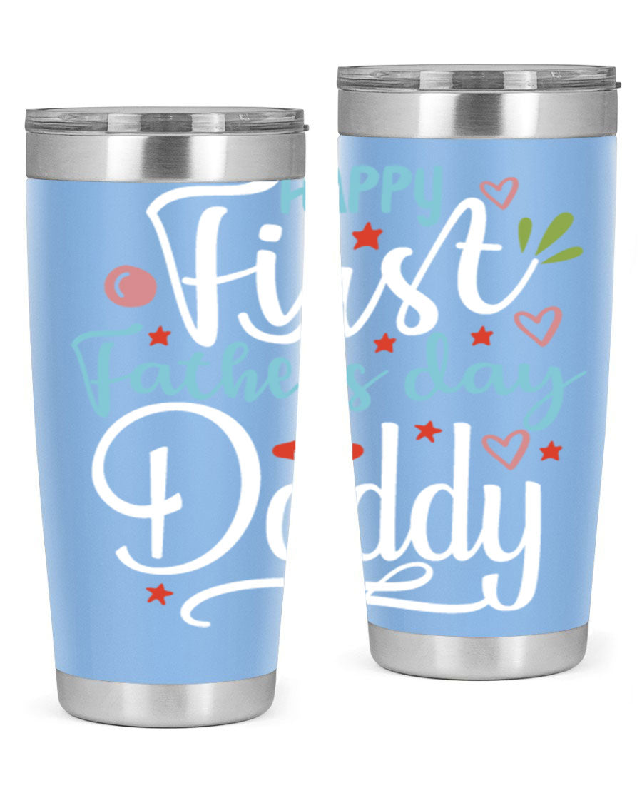 Happy First Father's Day Daddy tumbler in stainless steel, showcasing its double wall vacuum design and vibrant print.