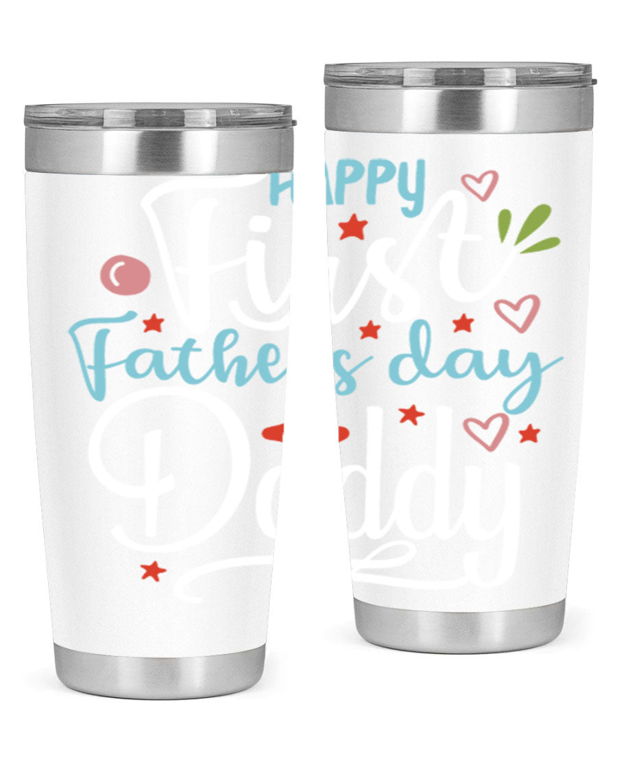 Happy First Father's Day Daddy tumbler in stainless steel, showcasing its double wall vacuum design and vibrant print.