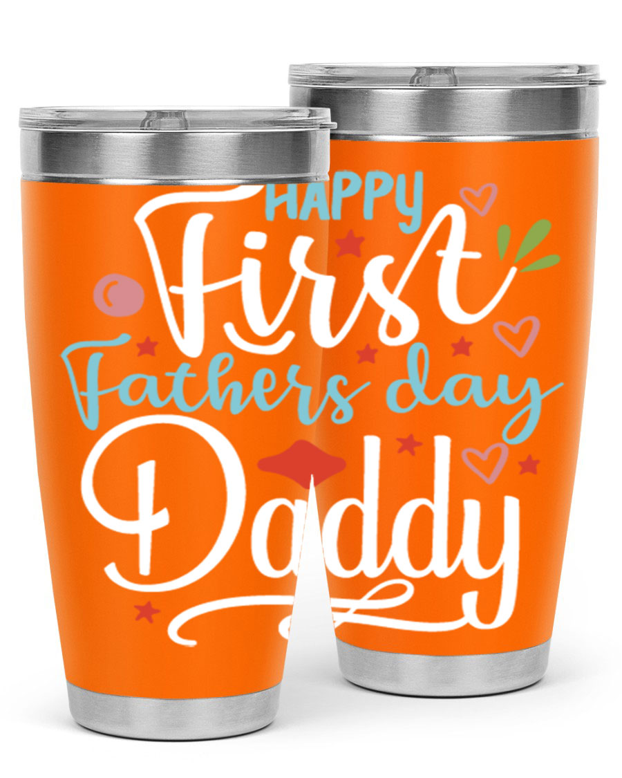 Happy First Father's Day Daddy tumbler in stainless steel, showcasing its double wall vacuum design and vibrant print.
