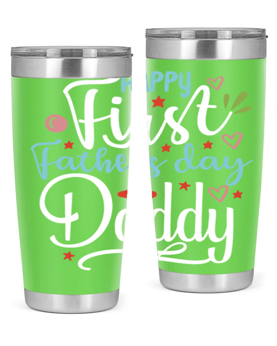 Happy First Father's Day Daddy tumbler in stainless steel, showcasing its double wall vacuum design and vibrant print.