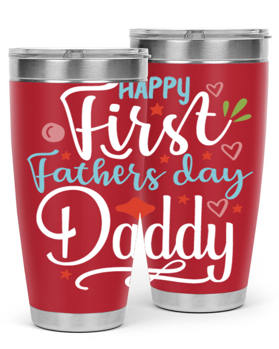 Happy First Father's Day Daddy tumbler in stainless steel, showcasing its double wall vacuum design and vibrant print.
