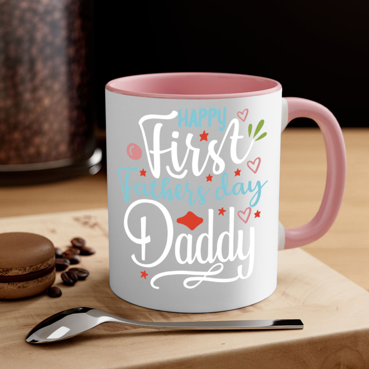 Happy First Fathers Day Daddy Mug with colorful handle and glossy finish, available in multiple colors.