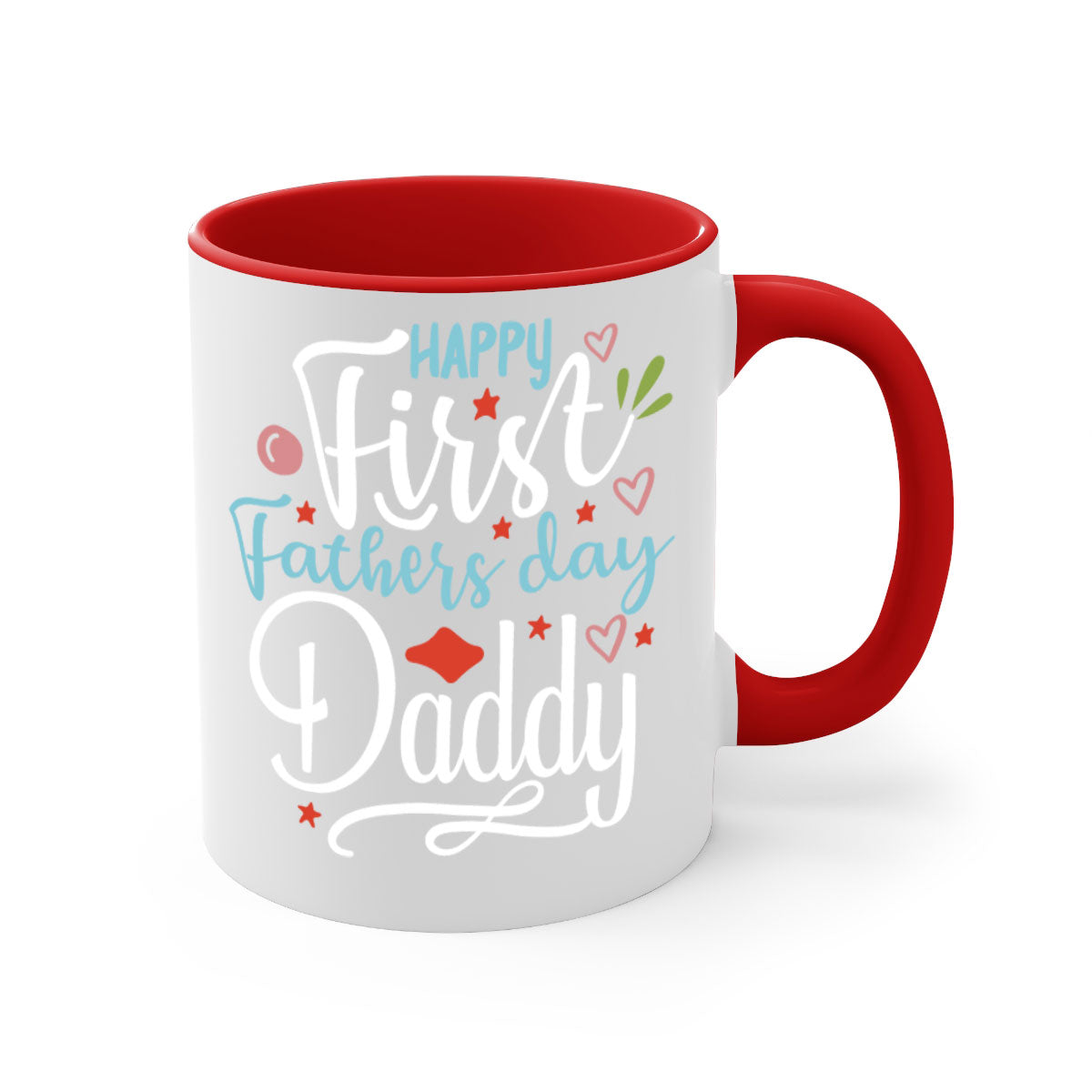 Happy First Fathers Day Daddy Mug with colorful handle and glossy finish, available in multiple colors.