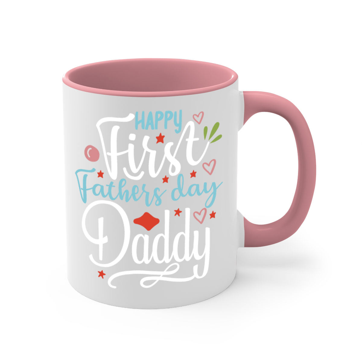 Happy First Fathers Day Daddy Mug with colorful handle and glossy finish, available in multiple colors.