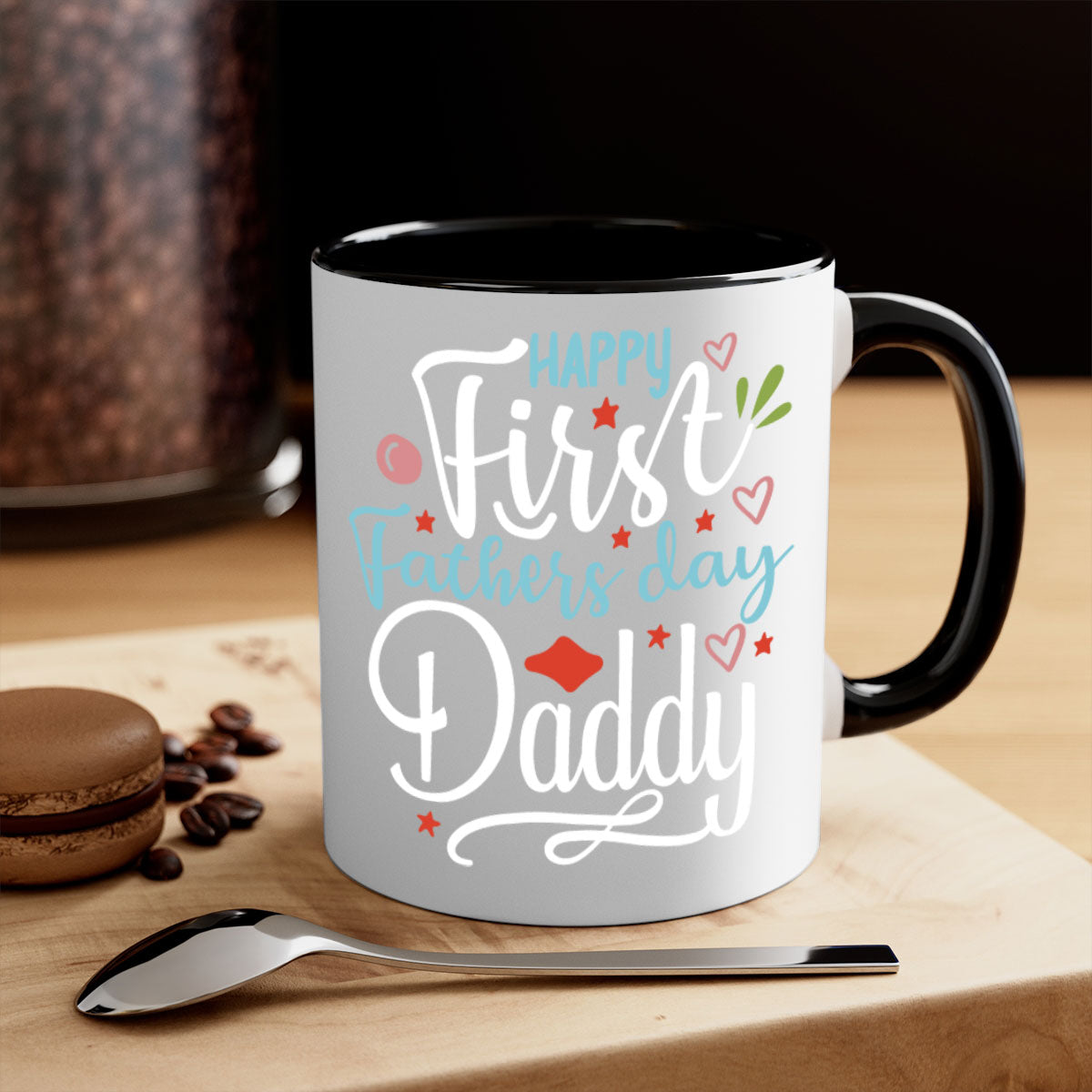 Happy First Fathers Day Daddy Mug with colorful handle and glossy finish, available in multiple colors.