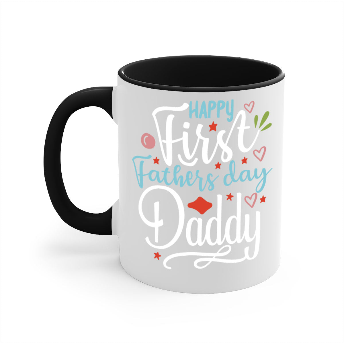 Happy First Fathers Day Daddy Mug with colorful handle and glossy finish, available in multiple colors.
