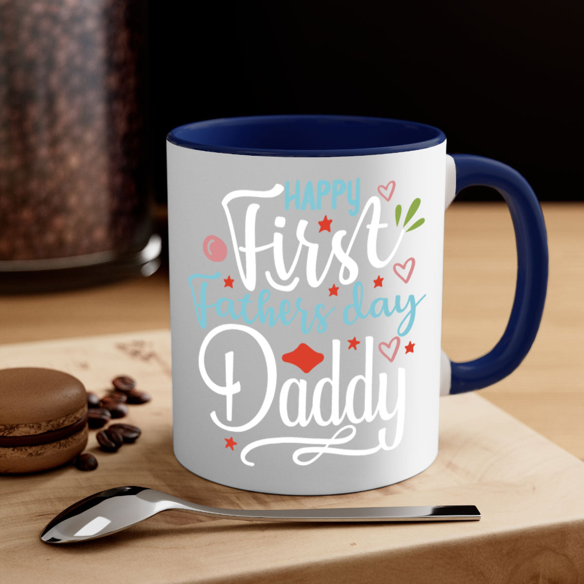 Happy First Fathers Day Daddy Mug with colorful handle and glossy finish, available in multiple colors.