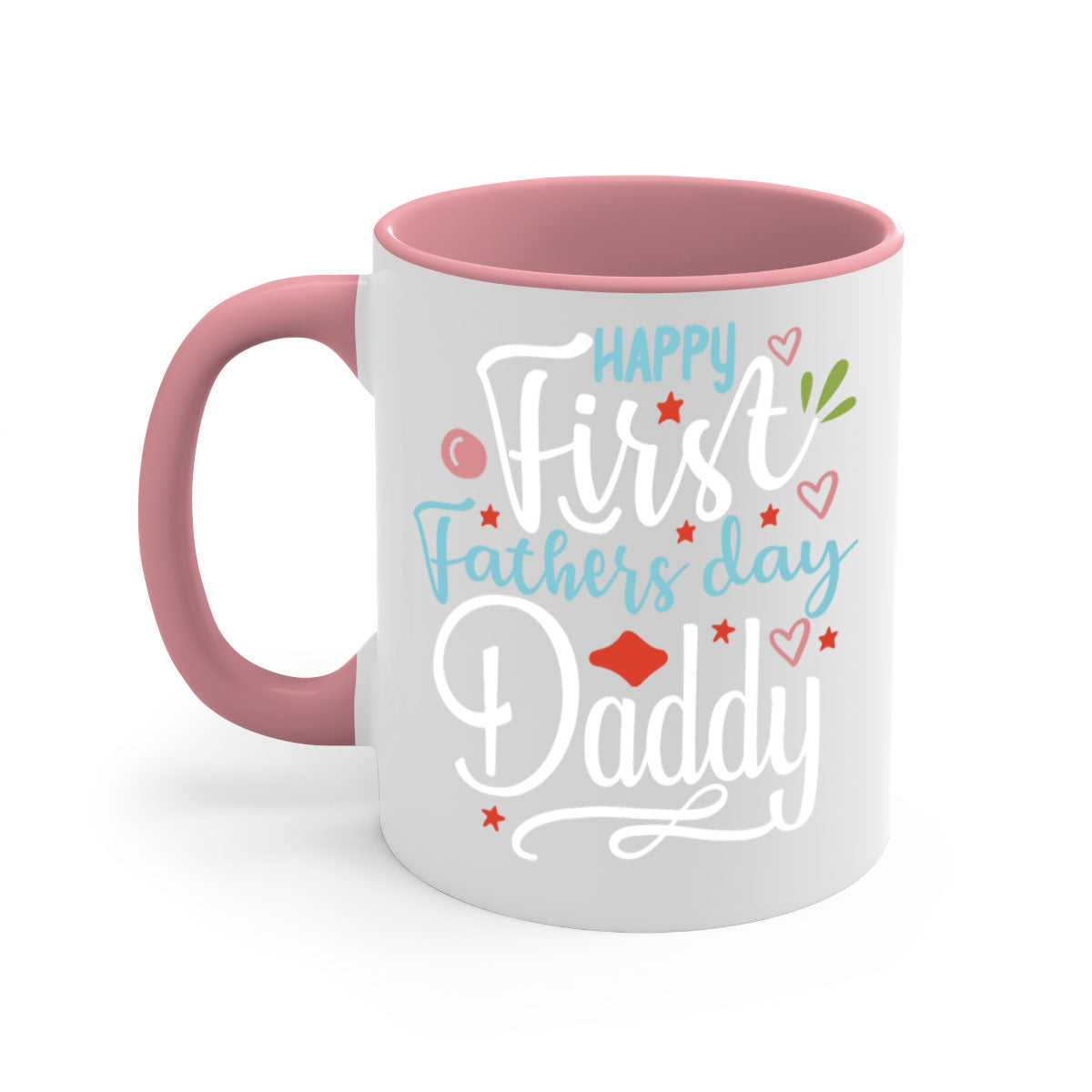 Happy First Fathers Day Daddy Mug with colorful handle and glossy finish, available in multiple colors.