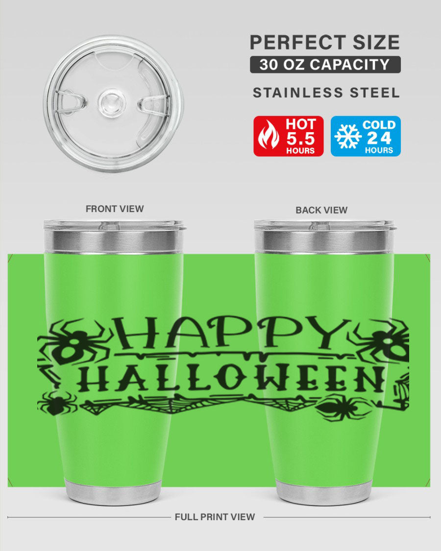 Happy Halloween 62# Tumbler in 20oz and 30oz sizes, featuring a spooky design, double wall vacuum stainless steel, and a drink-thru lid.