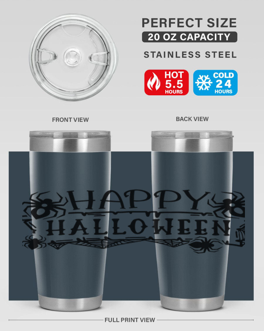 Happy Halloween 62# Tumbler in 20oz and 30oz sizes, featuring a spooky design, double wall vacuum stainless steel, and a drink-thru lid.