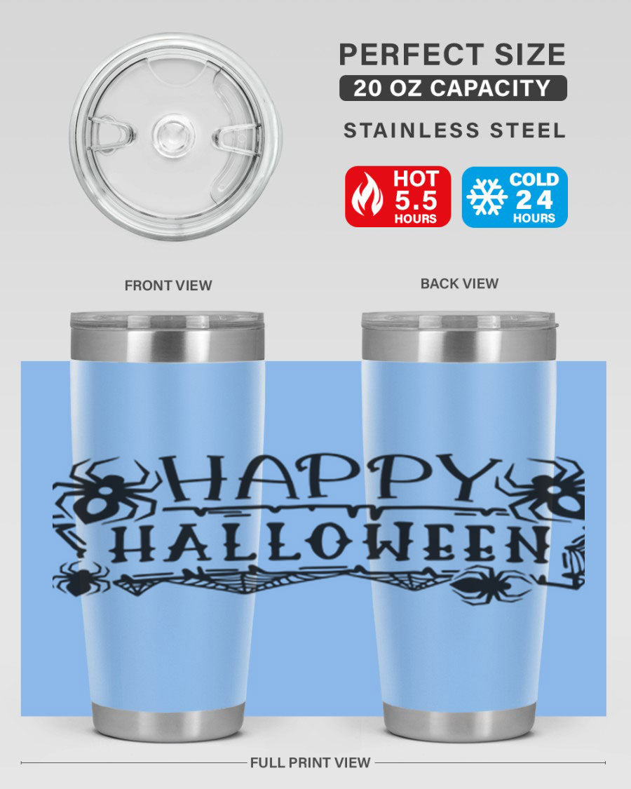 Happy Halloween 62# Tumbler in 20oz and 30oz sizes, featuring a spooky design, double wall vacuum stainless steel, and a drink-thru lid.