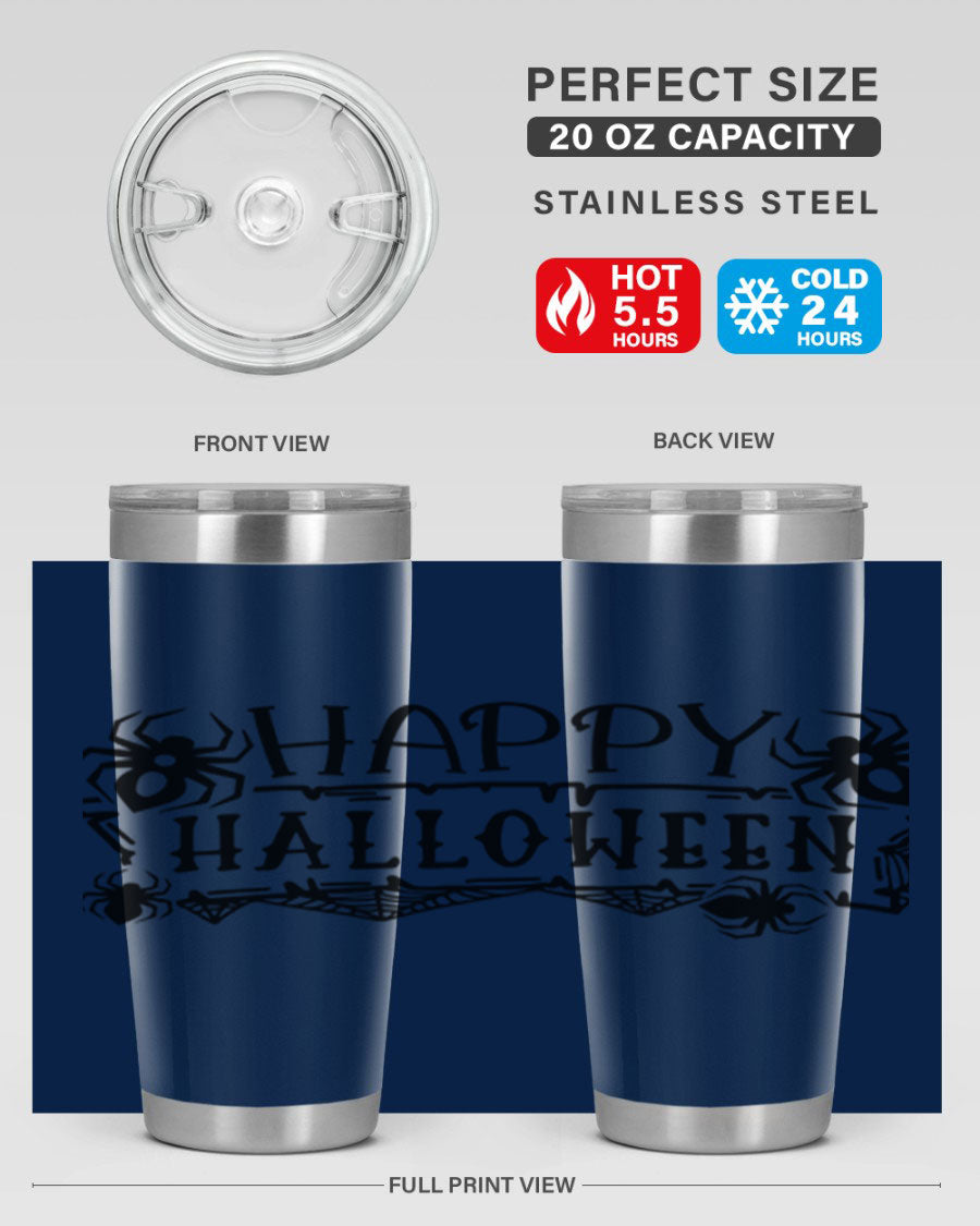 Happy Halloween 62# Tumbler in 20oz and 30oz sizes, featuring a spooky design, double wall vacuum stainless steel, and a drink-thru lid.