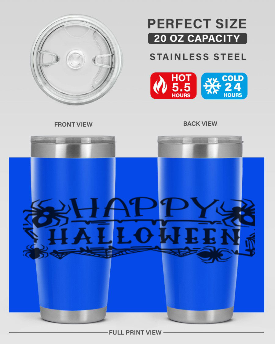 Happy Halloween 62# Tumbler in 20oz and 30oz sizes, featuring a spooky design, double wall vacuum stainless steel, and a drink-thru lid.