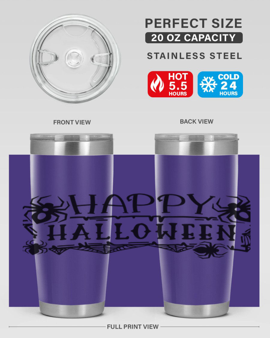 Happy Halloween 62# Tumbler in 20oz and 30oz sizes, featuring a spooky design, double wall vacuum stainless steel, and a drink-thru lid.