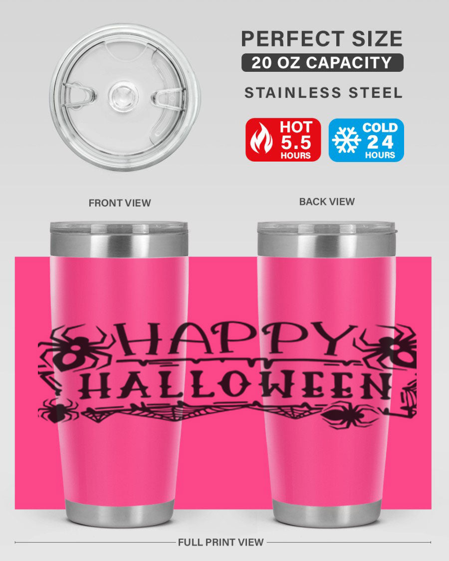 Happy Halloween 62# Tumbler in 20oz and 30oz sizes, featuring a spooky design, double wall vacuum stainless steel, and a drink-thru lid.