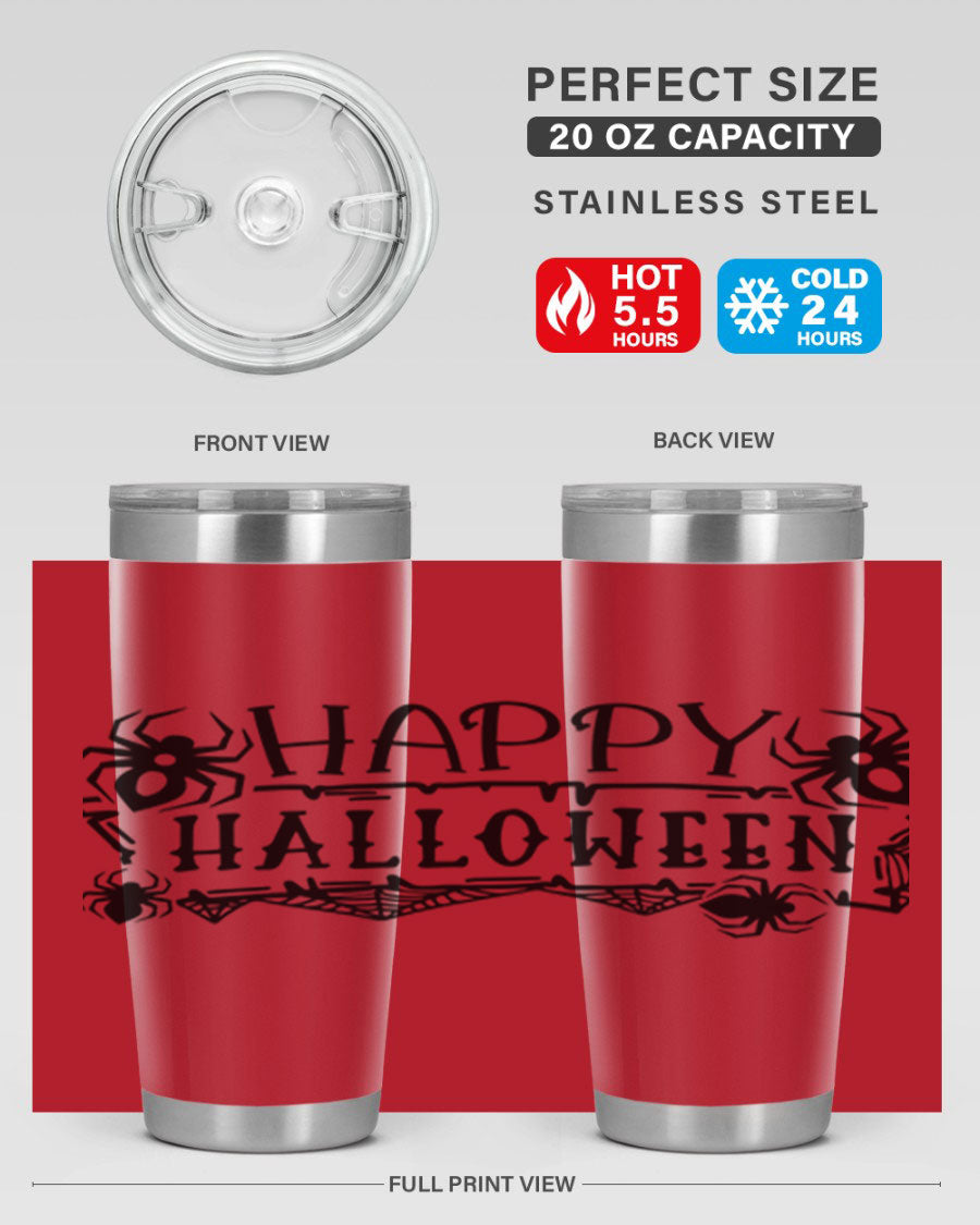 Happy Halloween 62# Tumbler in 20oz and 30oz sizes, featuring a spooky design, double wall vacuum stainless steel, and a drink-thru lid.