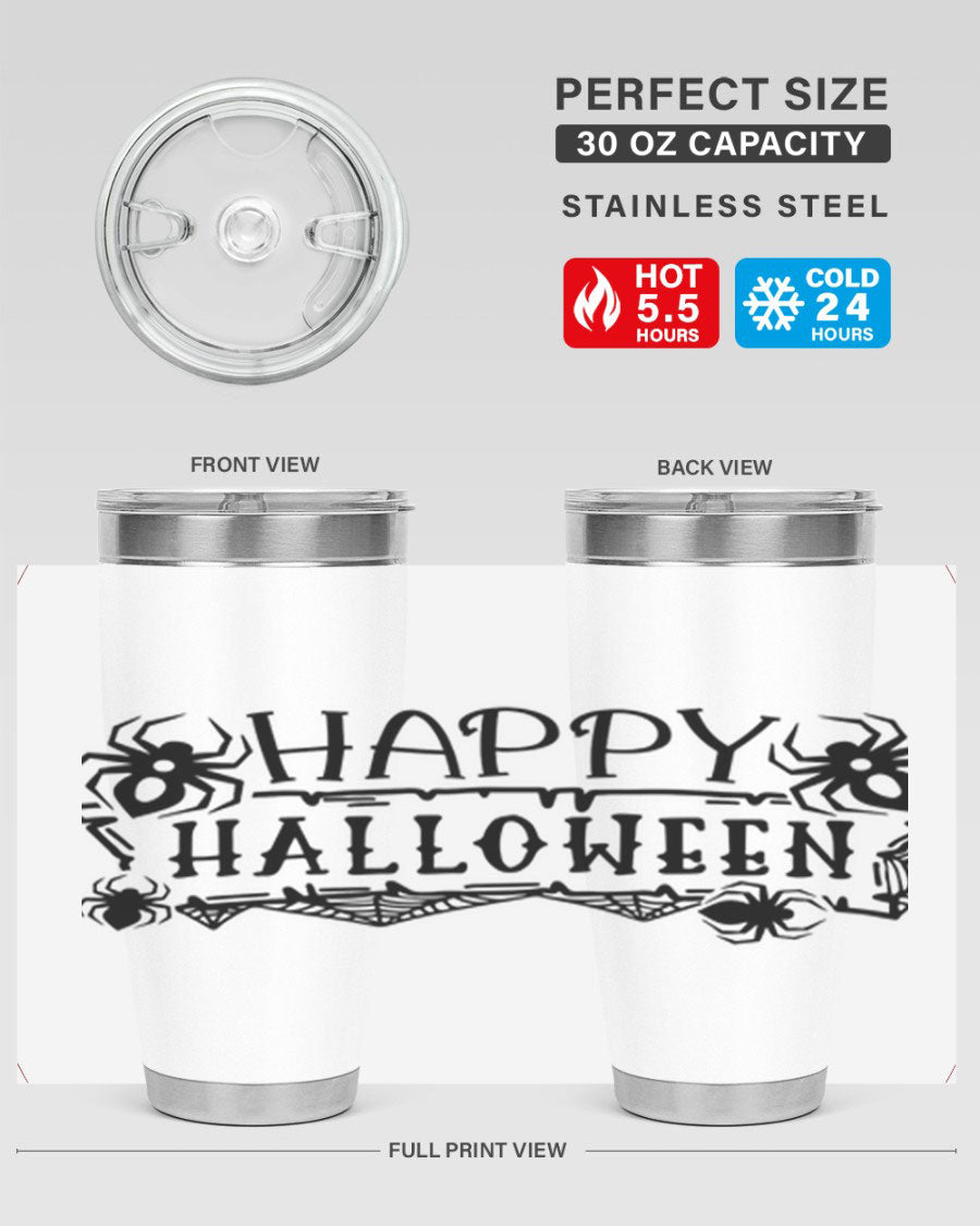Happy Halloween 62# Tumbler in 20oz and 30oz sizes, featuring a spooky design, double wall vacuum stainless steel, and a drink-thru lid.