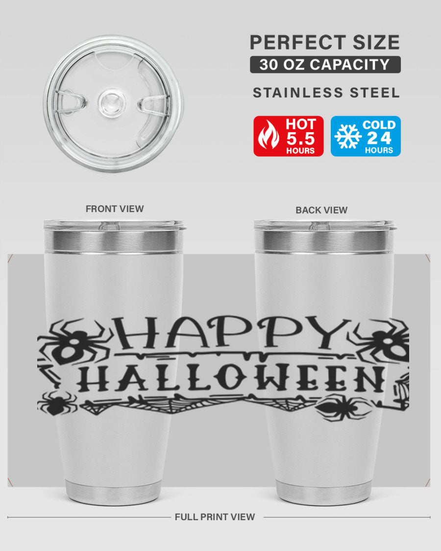 Happy Halloween 62# Tumbler in 20oz and 30oz sizes, featuring a spooky design, double wall vacuum stainless steel, and a drink-thru lid.