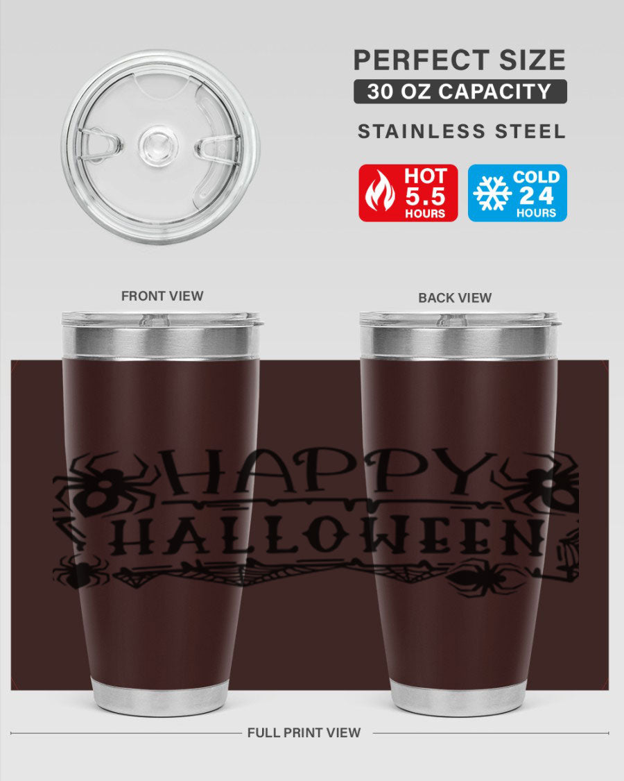 Happy Halloween 62# Tumbler in 20oz and 30oz sizes, featuring a spooky design, double wall vacuum stainless steel, and a drink-thru lid.