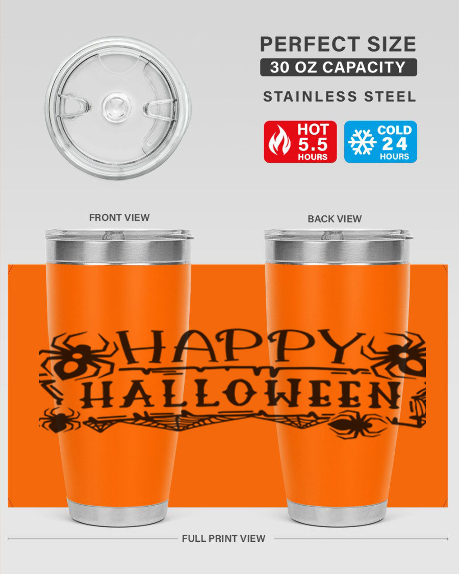 Happy Halloween 62# Tumbler in 20oz and 30oz sizes, featuring a spooky design, double wall vacuum stainless steel, and a drink-thru lid.