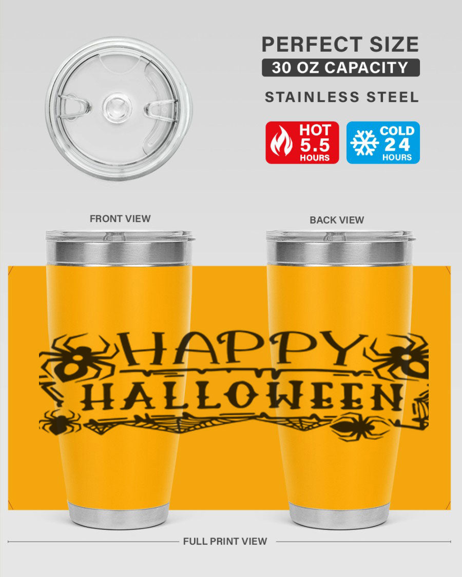 Happy Halloween 62# Tumbler in 20oz and 30oz sizes, featuring a spooky design, double wall vacuum stainless steel, and a drink-thru lid.
